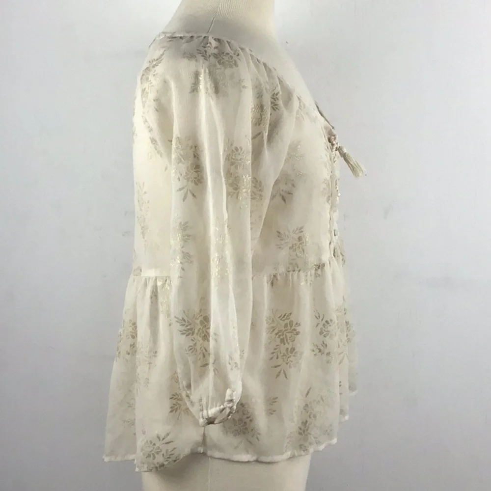 Abercrombie & Fitch boho sheer babydoll puff sleeve gold print blouse sz small.